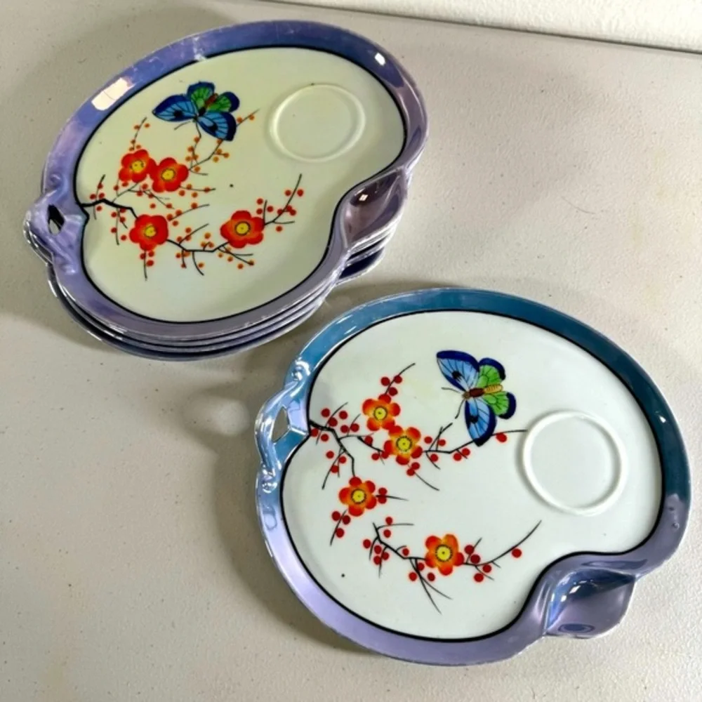 vintage Japanese porcelain plates SEIEI Co handpainted floral butterfly 5pc